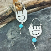 Doves with Turquoise bead unusual silver earrings