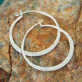 Flat Hammered Hoop Silver Earrings