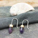 Amethyst brass earrings, silver sterling hooks