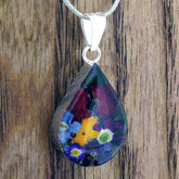 Teardrop Silver Flower with Poppy & Mixed Flowers Pendant