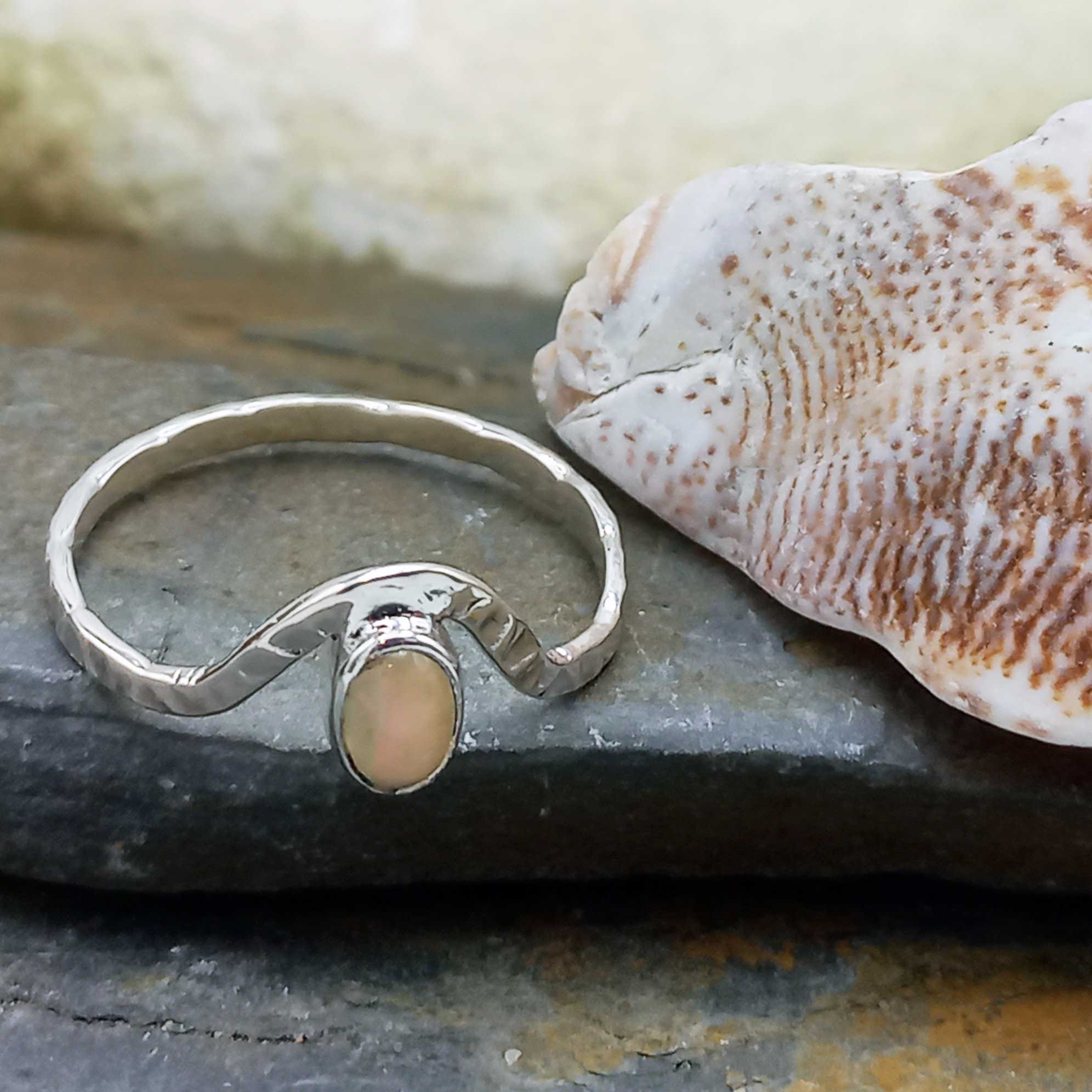Hammered Opal Curve Silver Ring
