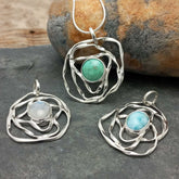 Sterling silver handmade quiggle pendant collection, turquoise, moonstone, larimar