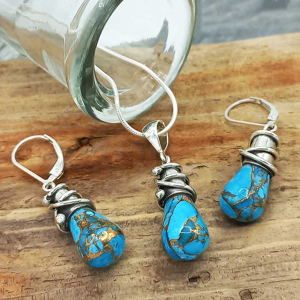 Handmade Turquoise Bronze Alambres Silver Pendant earrings set