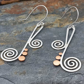 Copper and Silver Earrings with Spiral Music Note