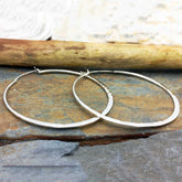 Large Flat Hammered Hoop Silver Earrings
