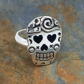 Day of the Dead Candy Skull with Hearts Silver Ring