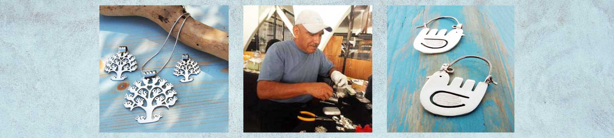 A three-panel collage showing a silver-toned metal pendant shaped like a stylised smiley face with tree branches, displayed on a blue wooden surface alongside matching earrings, with a craftsman working in the centre panel.