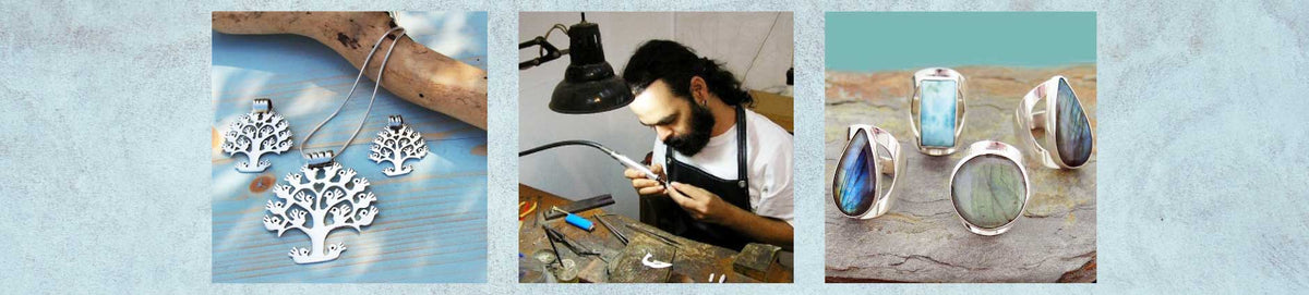 Taxco Jewellery Panel showing sterling silver jewellery made by Mexican artisans and centrally place an artisan at work.