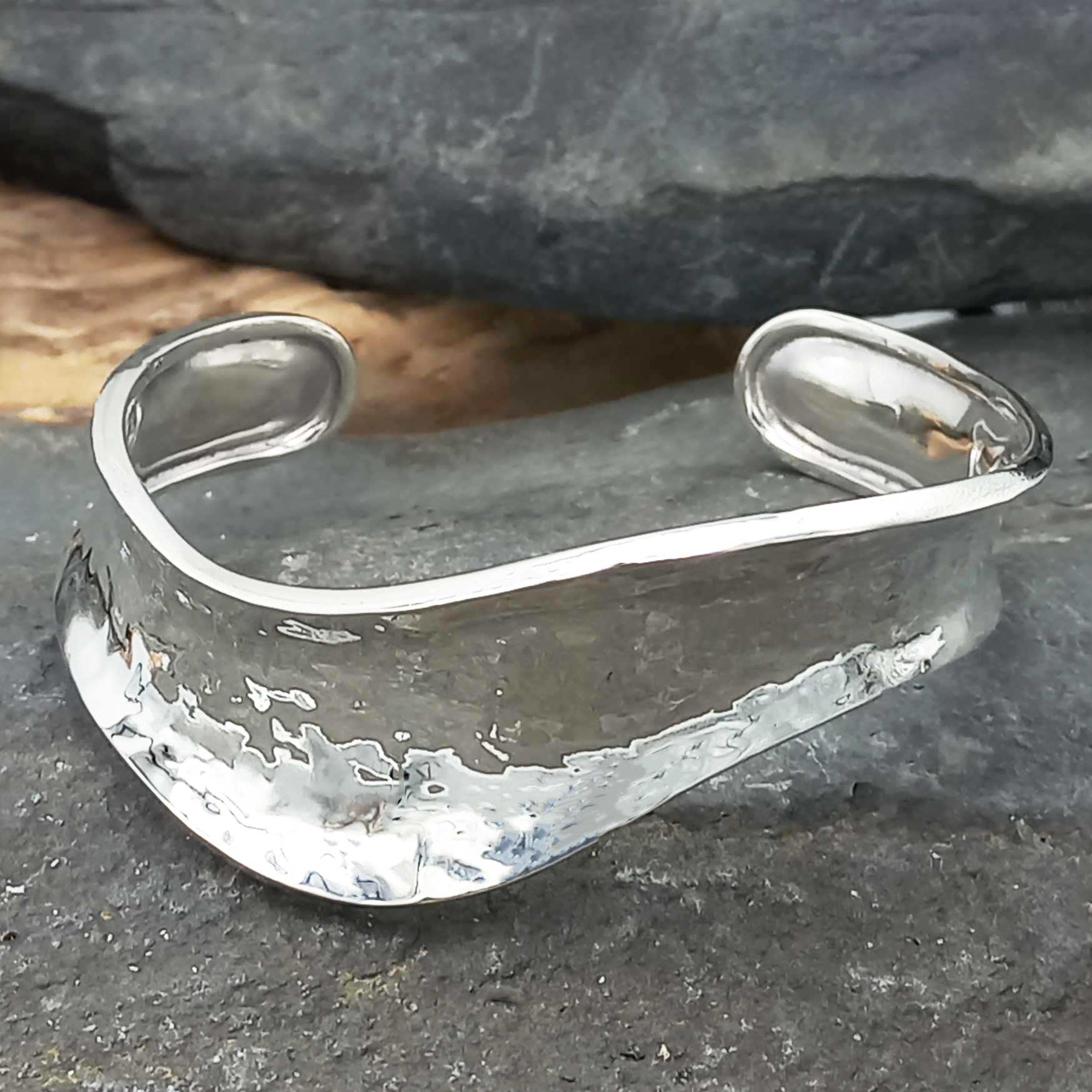 Hammered Wave Silver Cuff Bracelet 