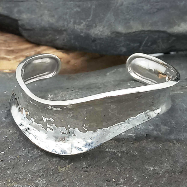 Hammered Wave Silver Cuff Bracelet 