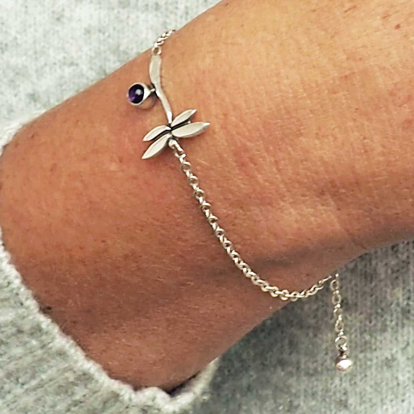 Unusual silver bracelet with dragonfly