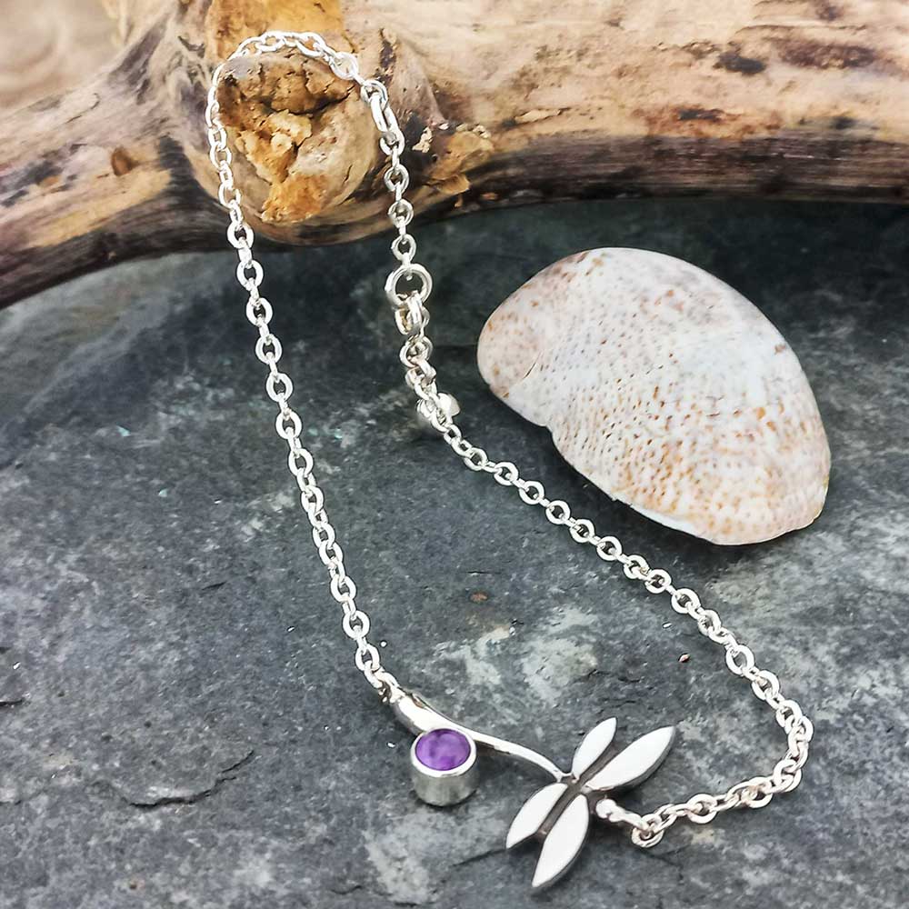 Handmade Silver Dragonfly Bracelet with Amethyst gemstone