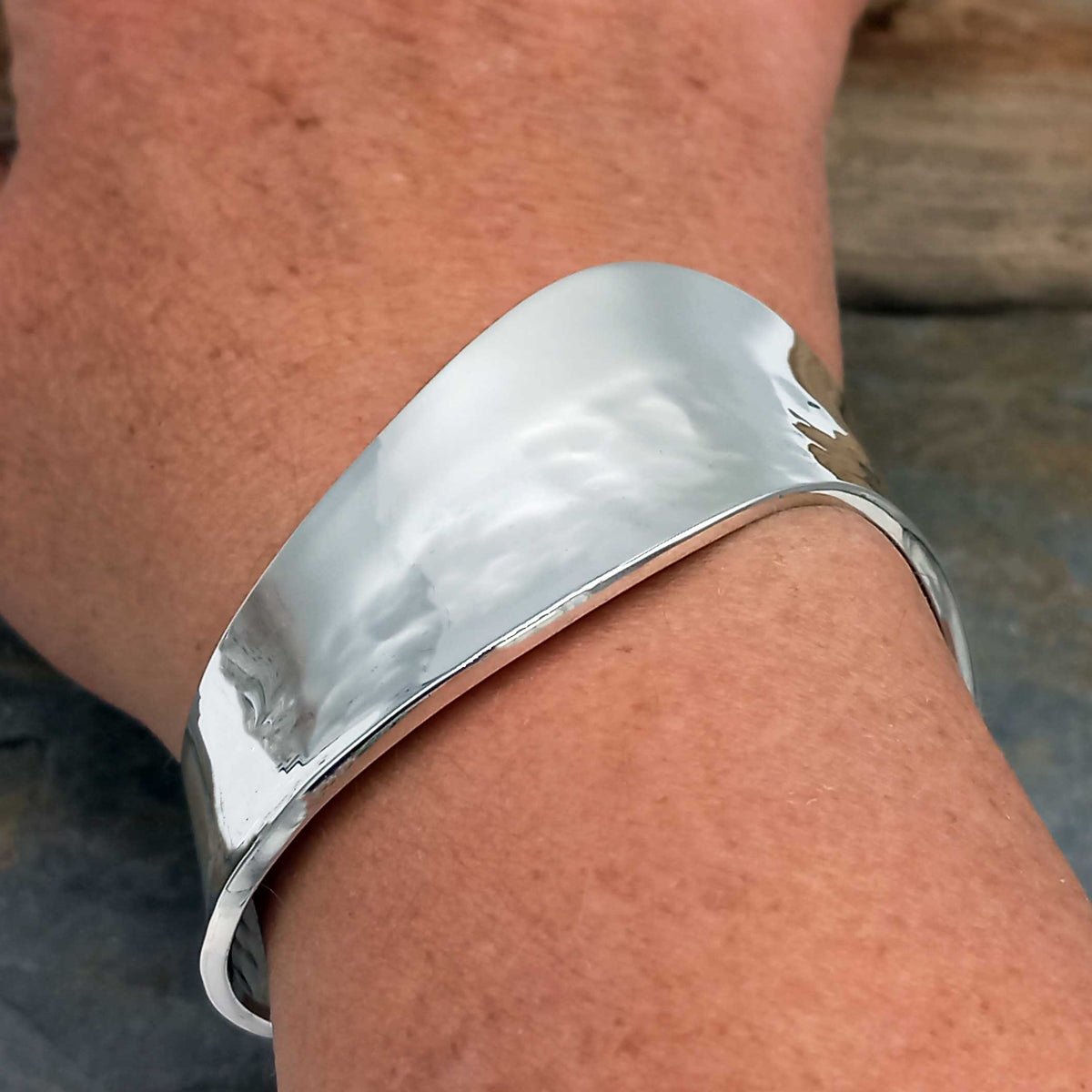 Unusual Hammered Polished Silver Cuff