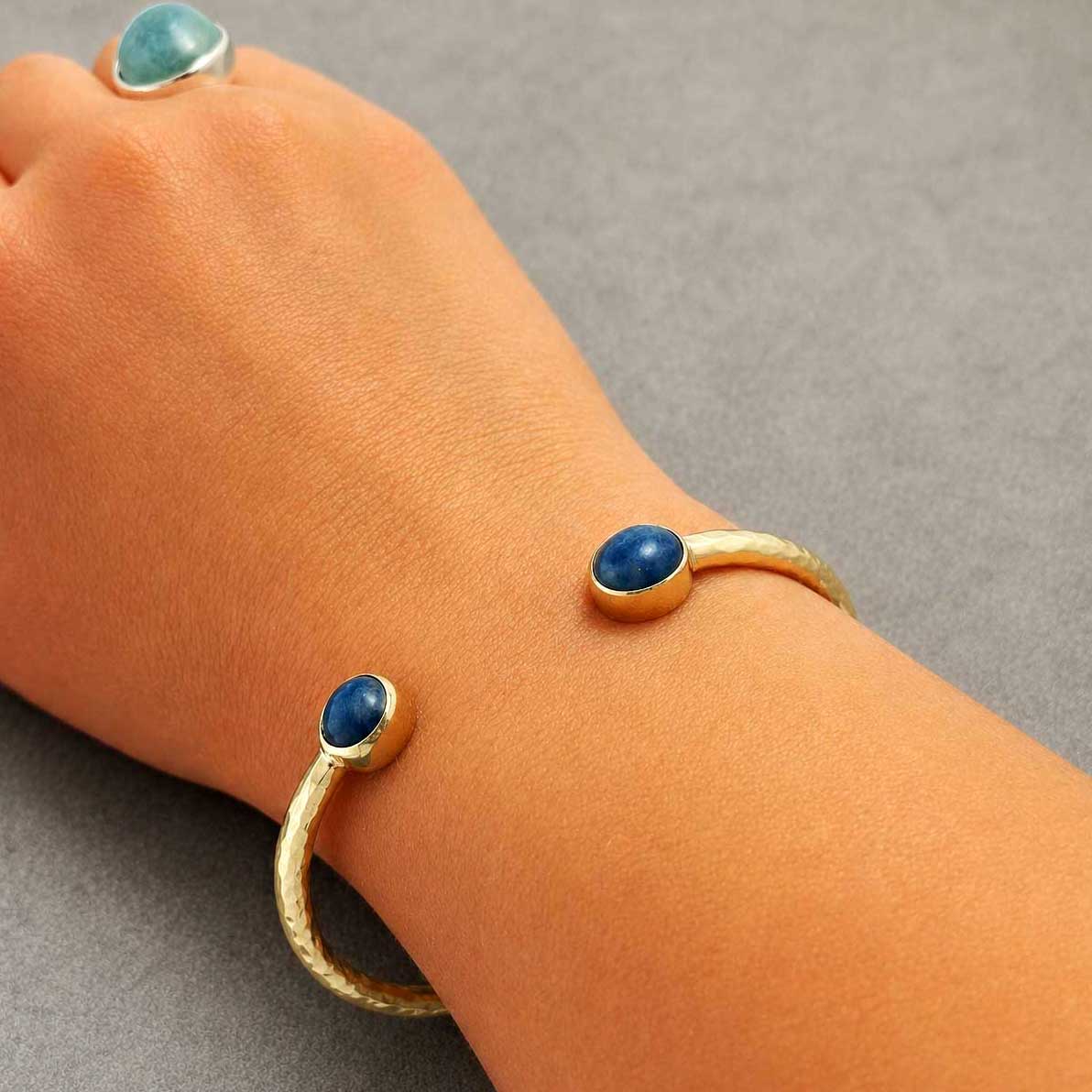 Unusual Brass Bracelet with Blue Sodalites Stones