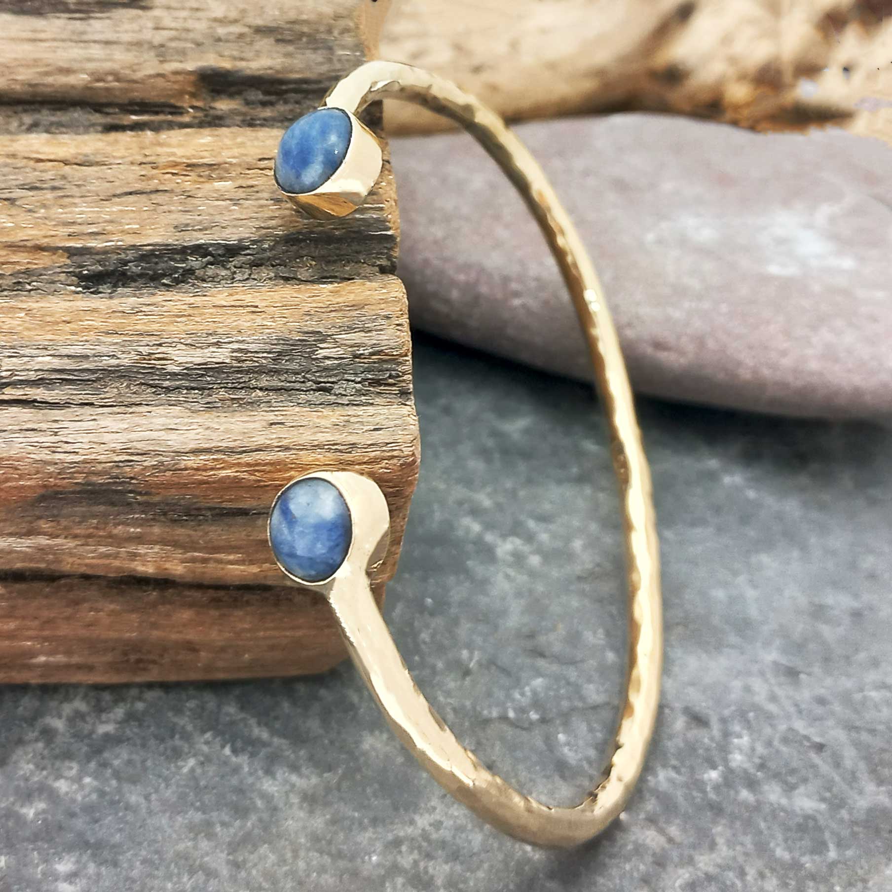 Handmade gold coloured brass bracelet with 2 Sodalite semi-precious stones