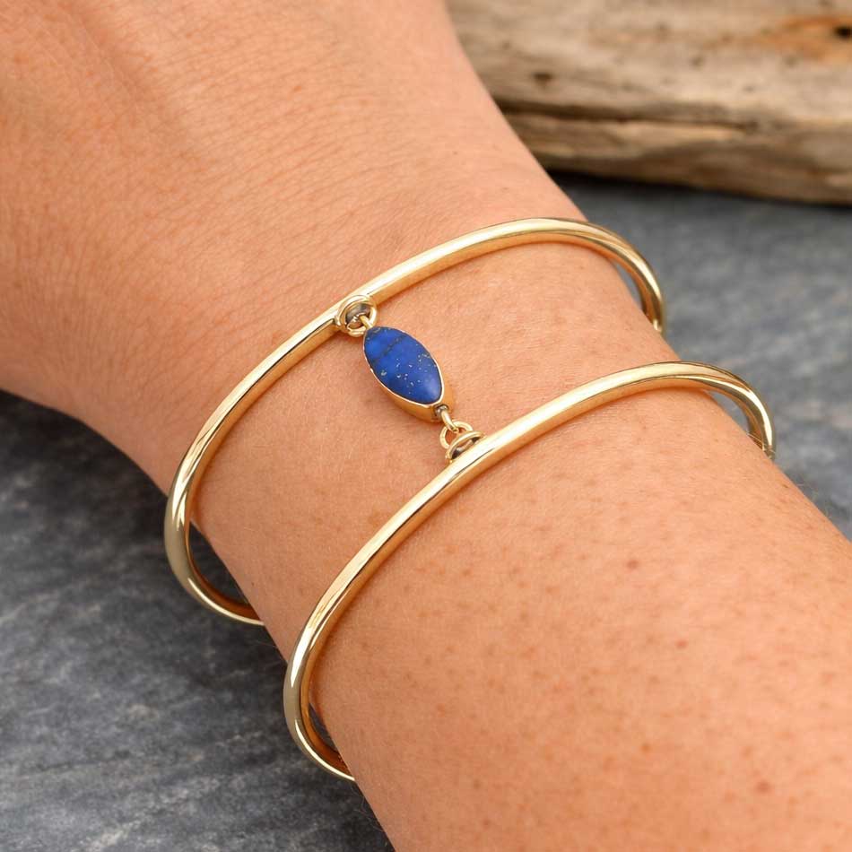 Unusual brass cuff bracelet with Lapis Lazuli
