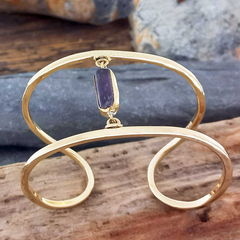 Gold coloured brass statement cuff bracelet with Amethyst stone