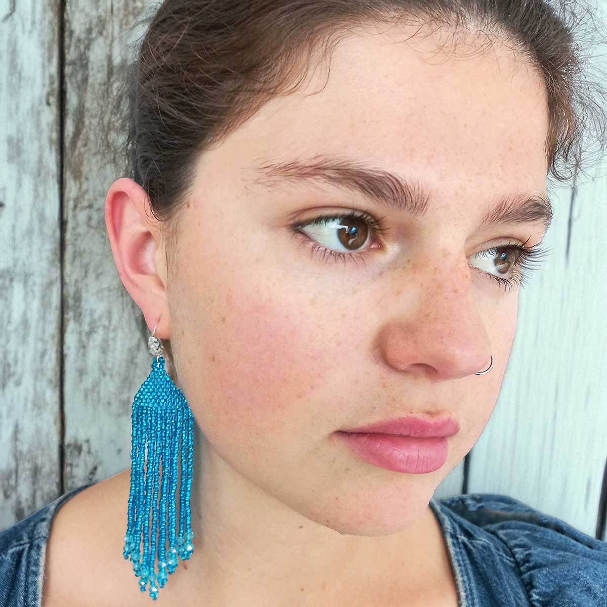 Turquoise Long Beaded Earrings (01) Secondary image