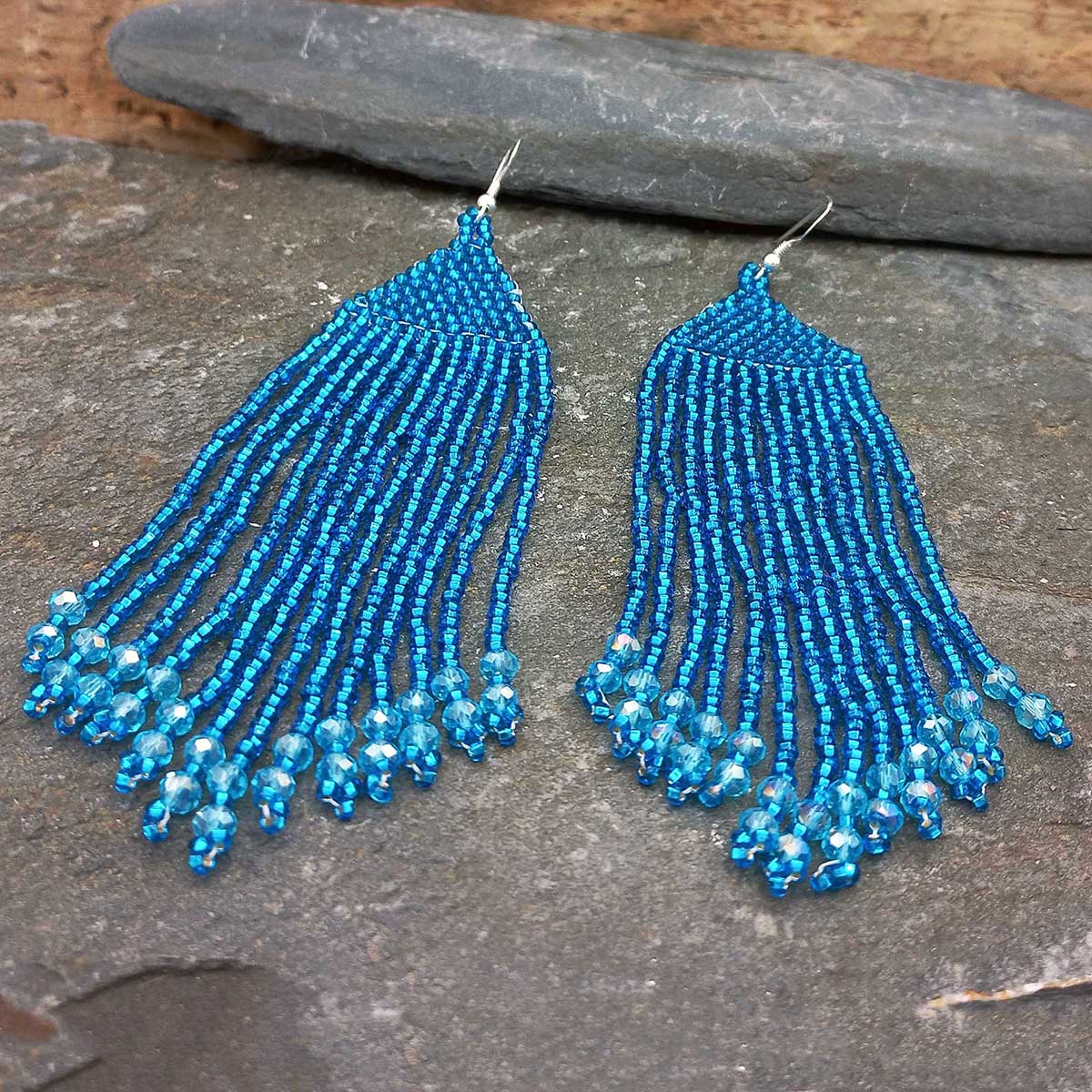 Turquoise long dangle beaded earrings with sterling silver hook Main image
