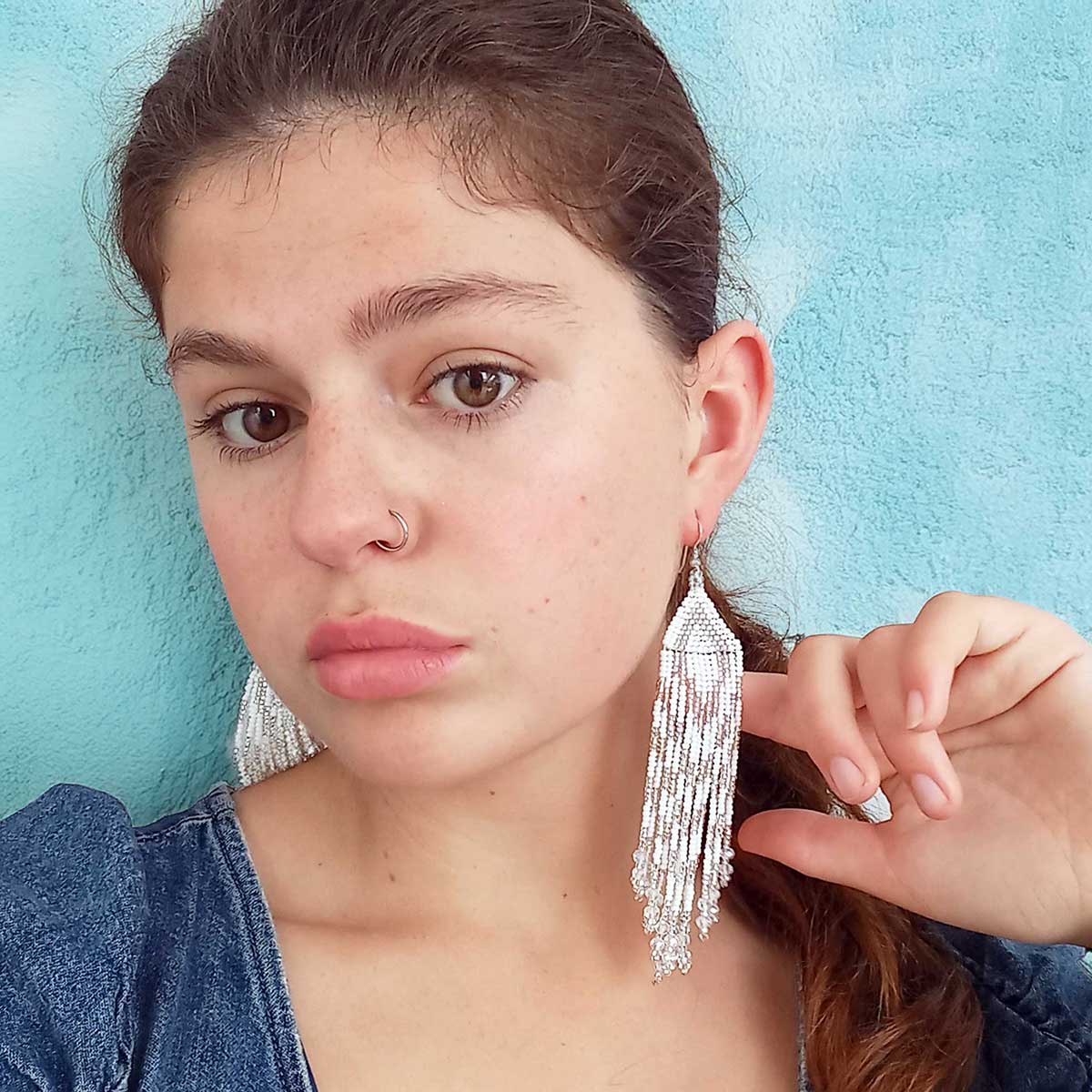 White & Silver Beaded Earrings
