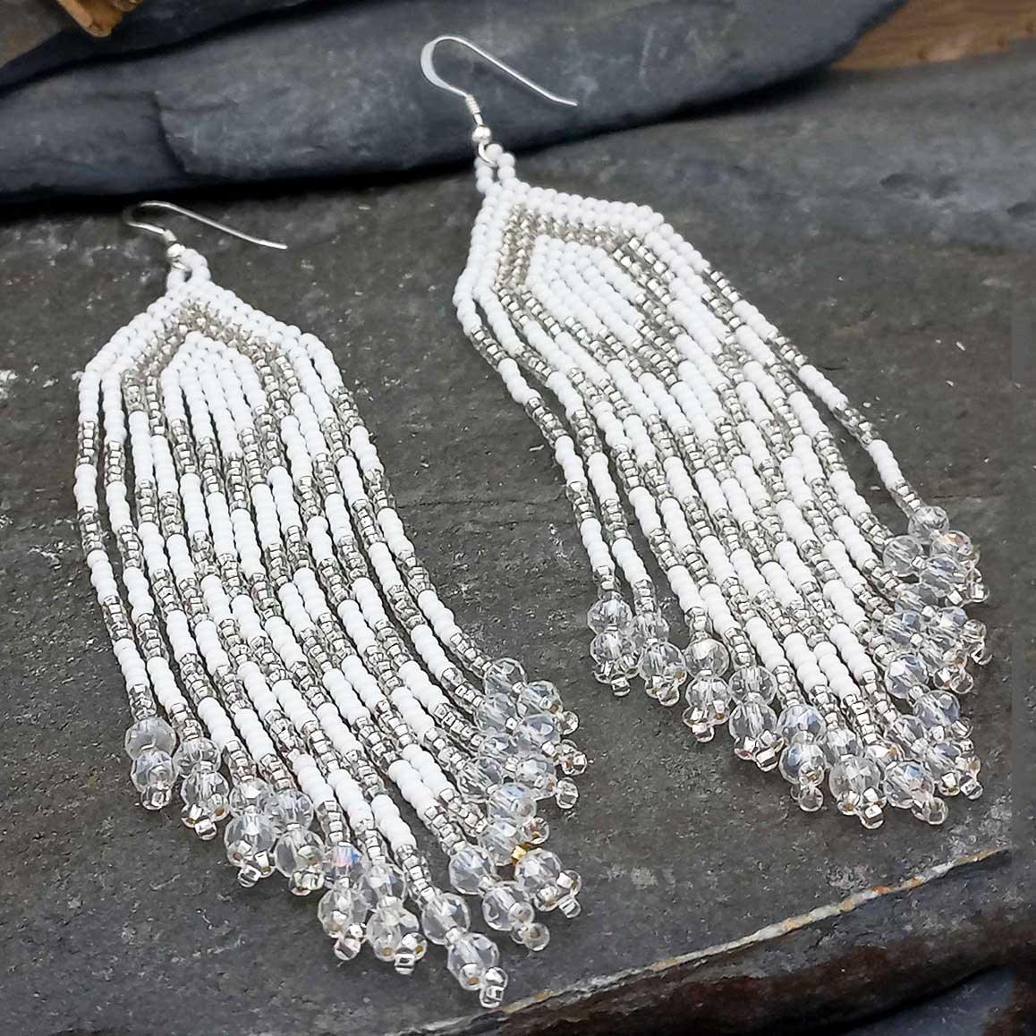 White & Silver Beaded Earrings (02) Secondary image