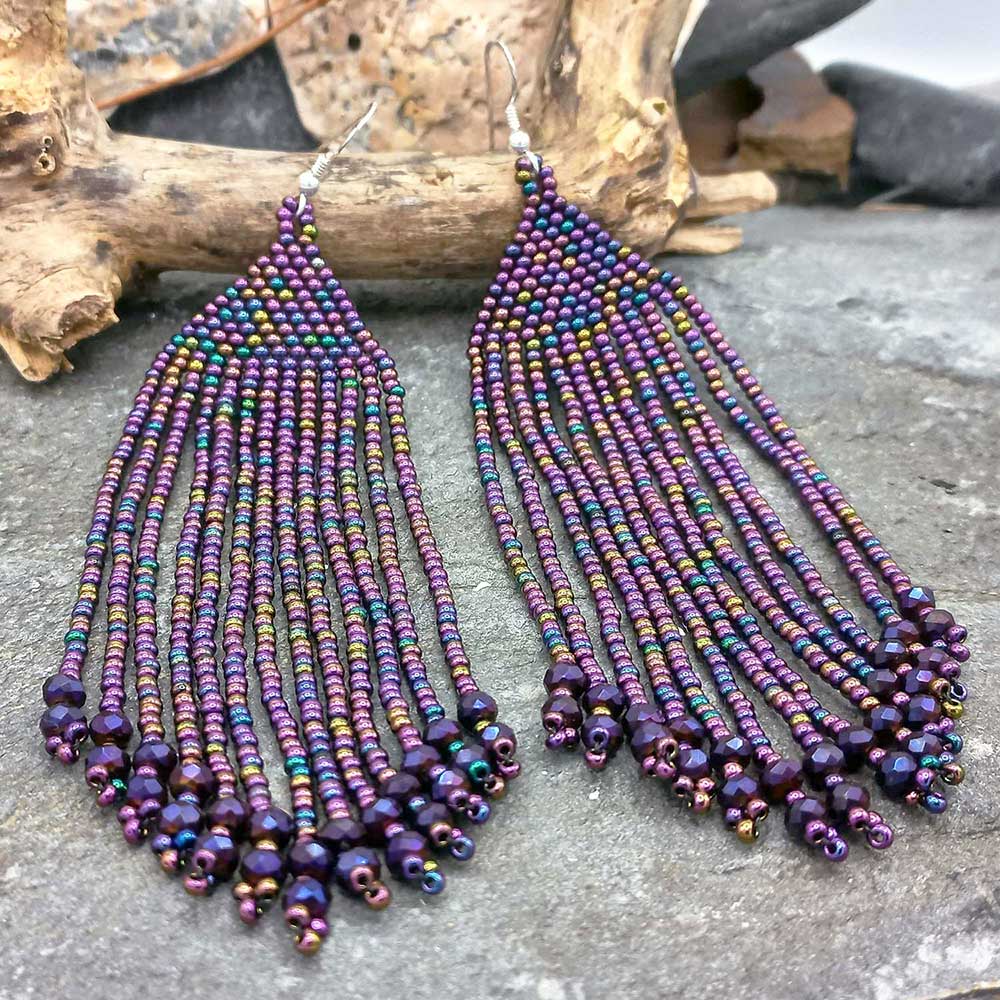 Purple Long Beaded Earrings – Silver Bubble