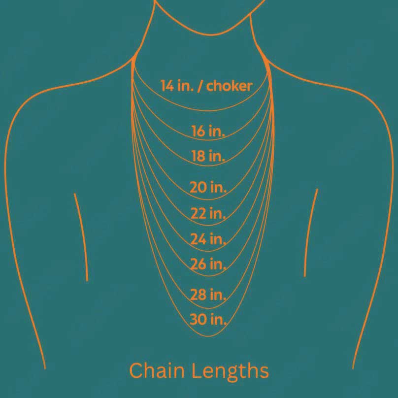 A size chart graphic showing neck and chest measurements for chain length options, with red line drawings of a neck and torso and text listing chain lengths from 14 inches to 30 inches.