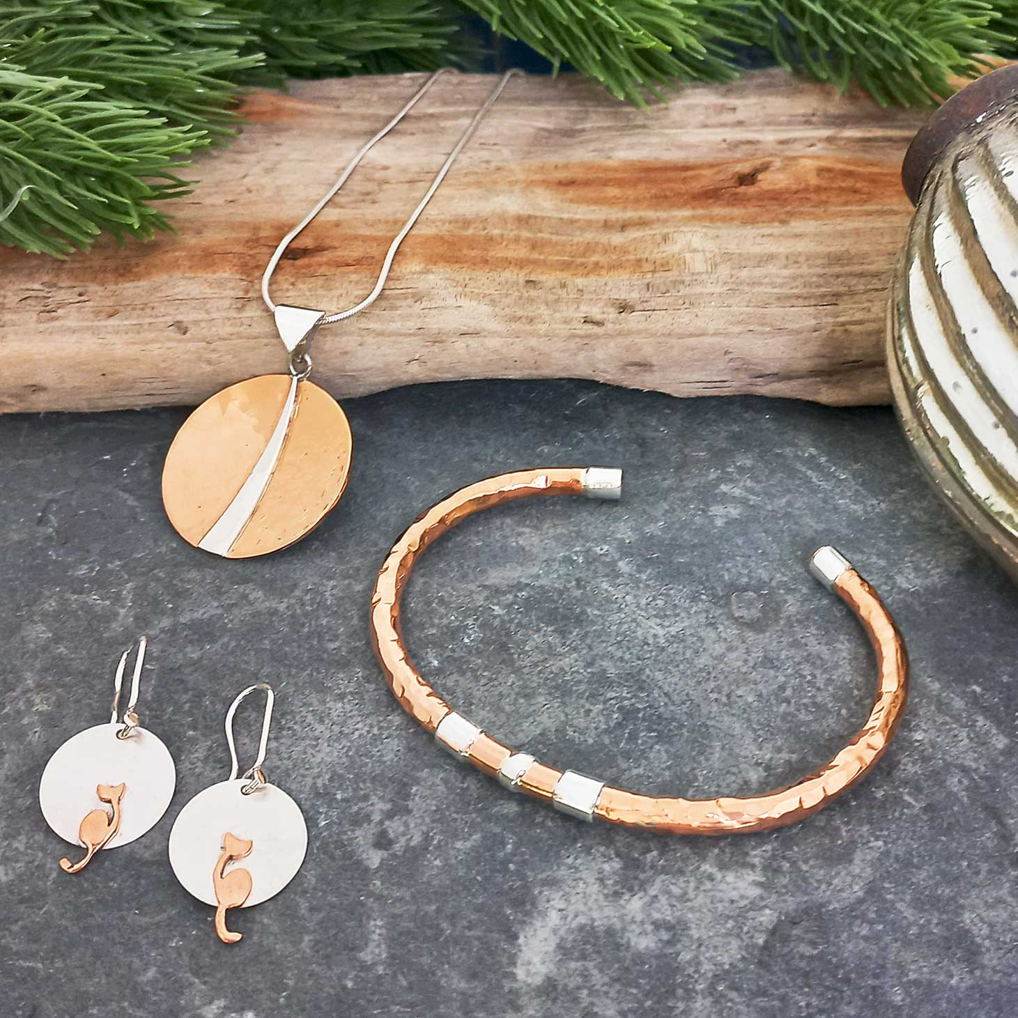 Copper and silver cuff bracelet, cat earrings and pendant