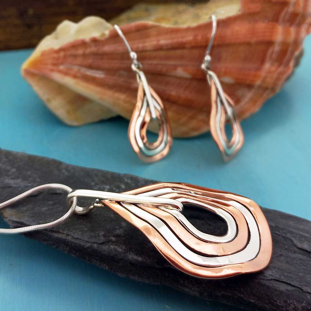 Copper Silver teardrop earring pendant set