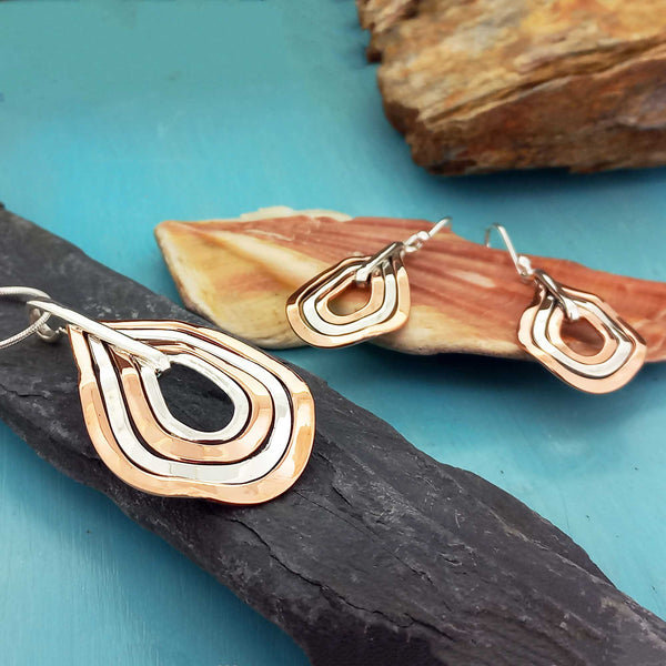 Pendant earrings copper silver teardrop set