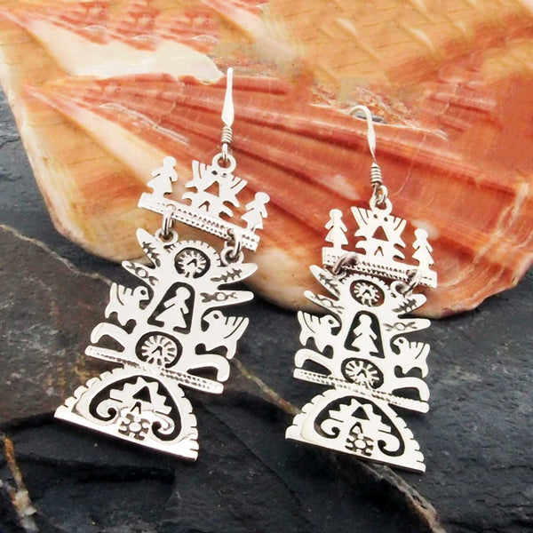 Unusual tree of life silver statement earrings