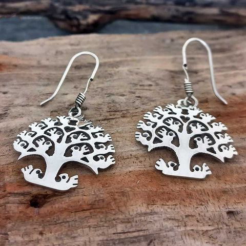Handmade unusual tree of life drop silver earrings