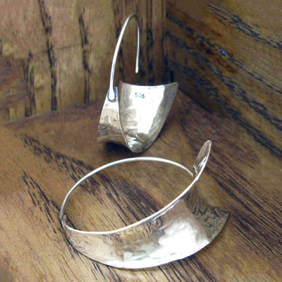 Hammered Curl Hoop Silver Earrings (Large) (261)