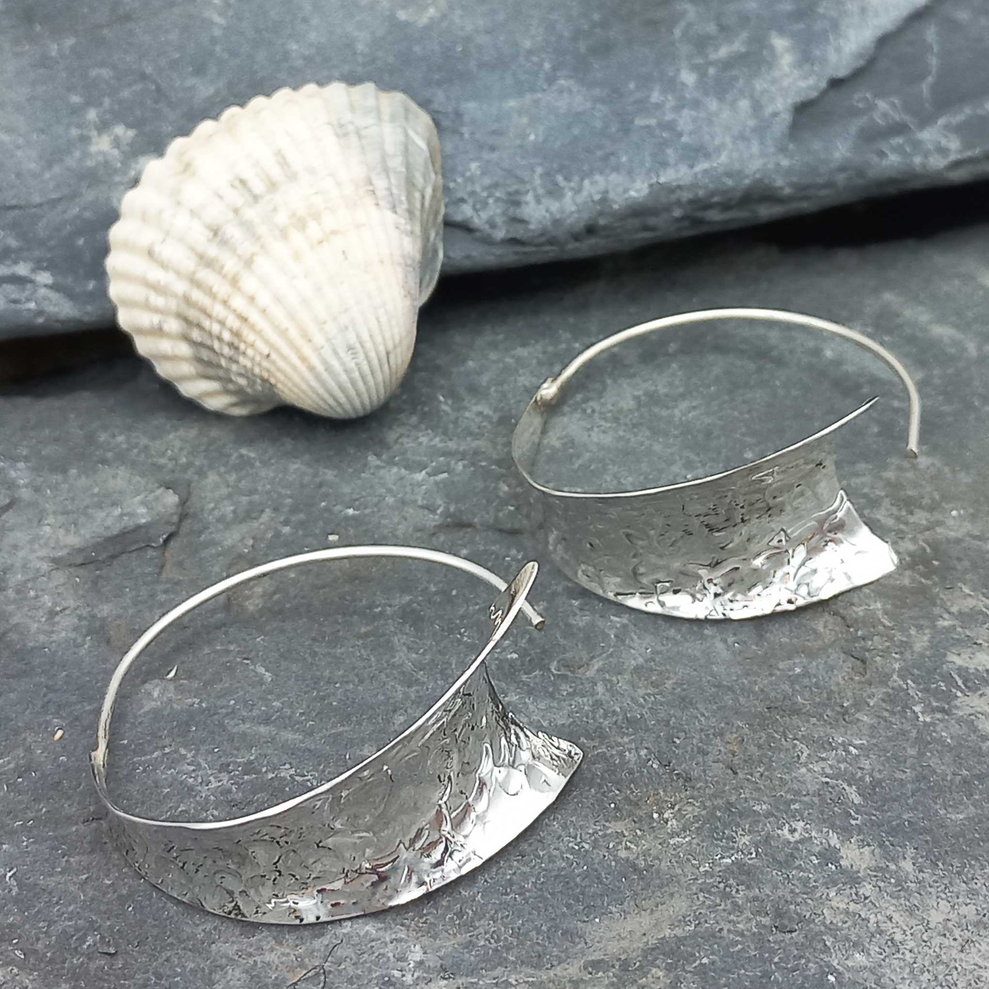 Hammered Curl Hoop Silver Earrings (Large) (261) Secondary image