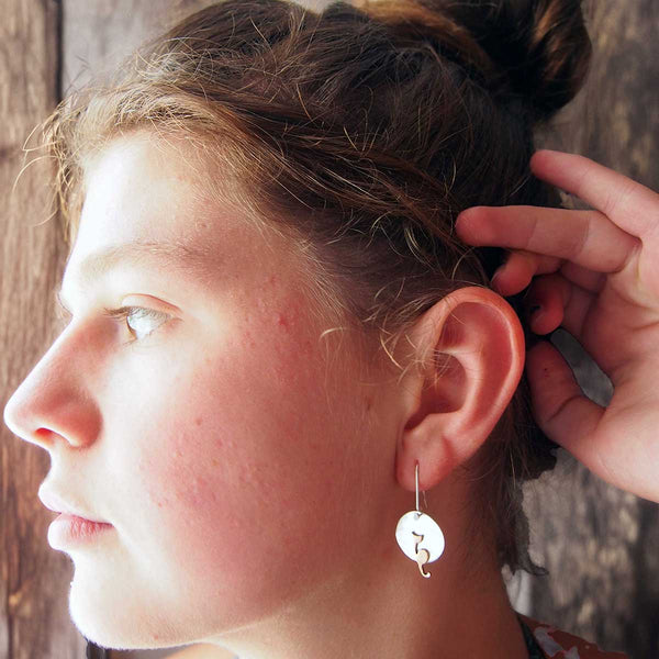 Moon Copper Cat Silver Earrings
