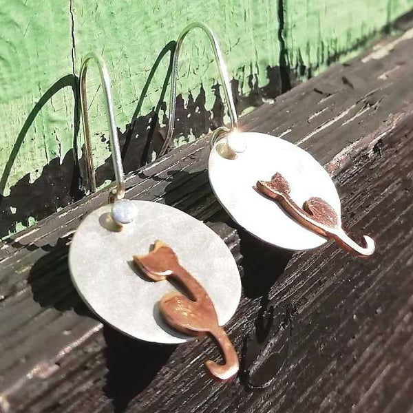 Copper Cats silver disc Mexican earrings