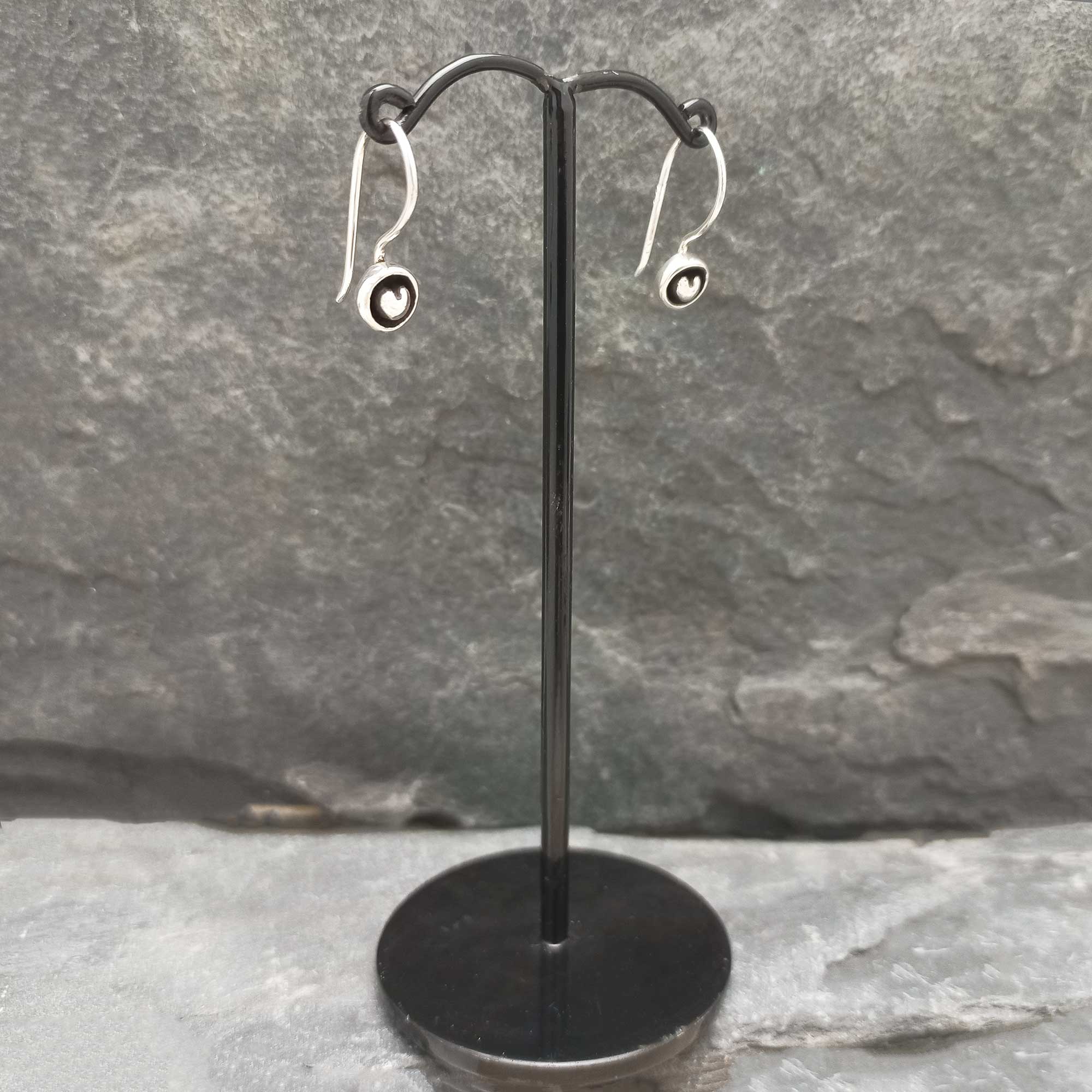 hancrafted silver heart oxided surround drop earrings