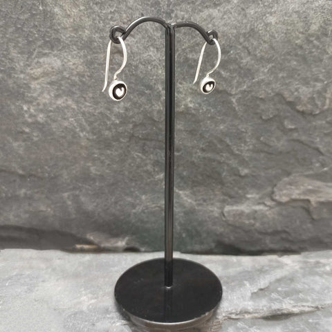 hancrafted silver heart oxided surround drop earrings