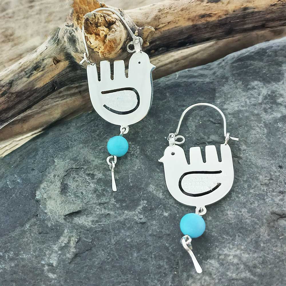 Doves with Turquoise bead unusual silver earrings Main image