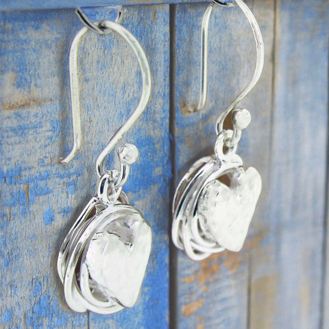 Hammered heart unsusual silver drop earrings