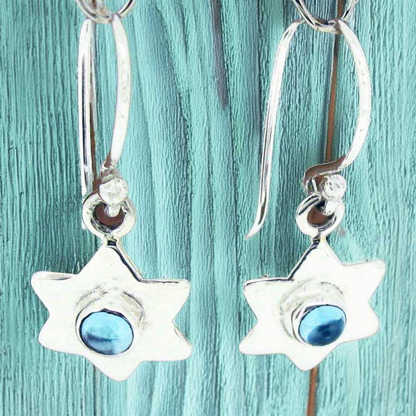 Handmade beaten silver star earrings with stone