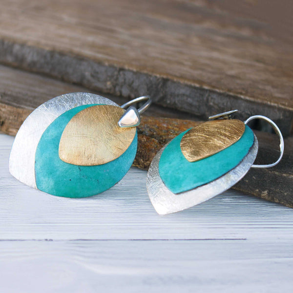 Handmade Wide Textured Leaves Silver Earrings