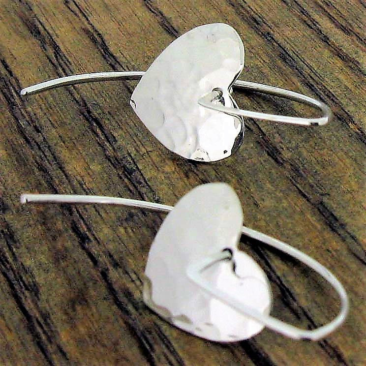 Long Hammered Silver Heart Earrings