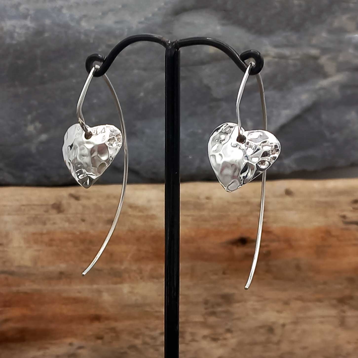 Long dangle hammered silver heart earrings
