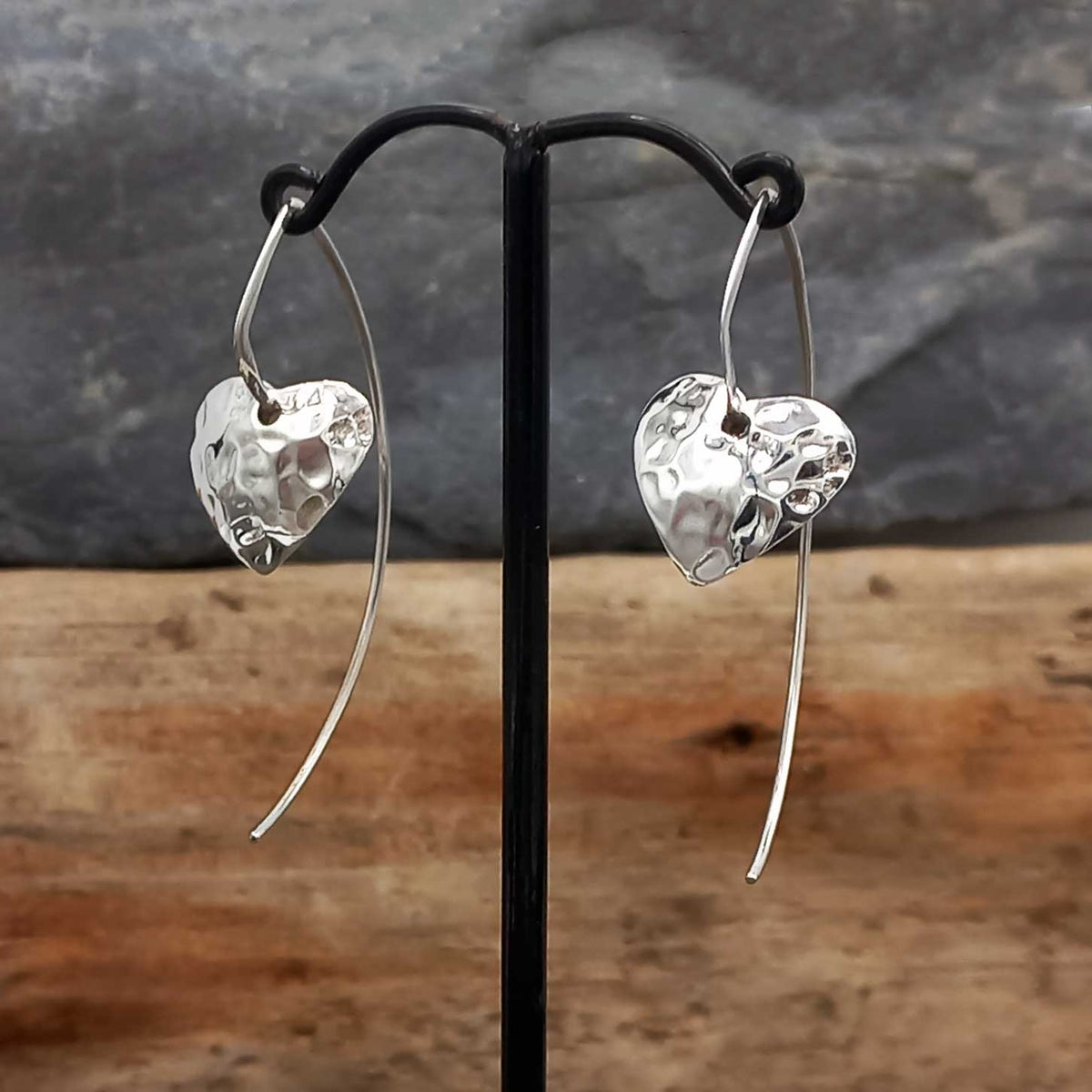 Long dangle hammered silver heart earrings