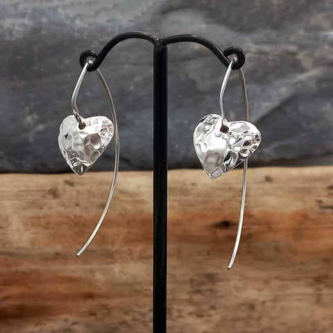 Long dangle hammered silver heart earrings