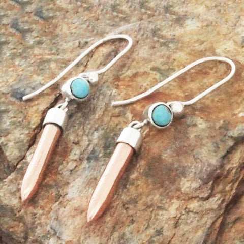 Unusual silver copper earrings with turquoise