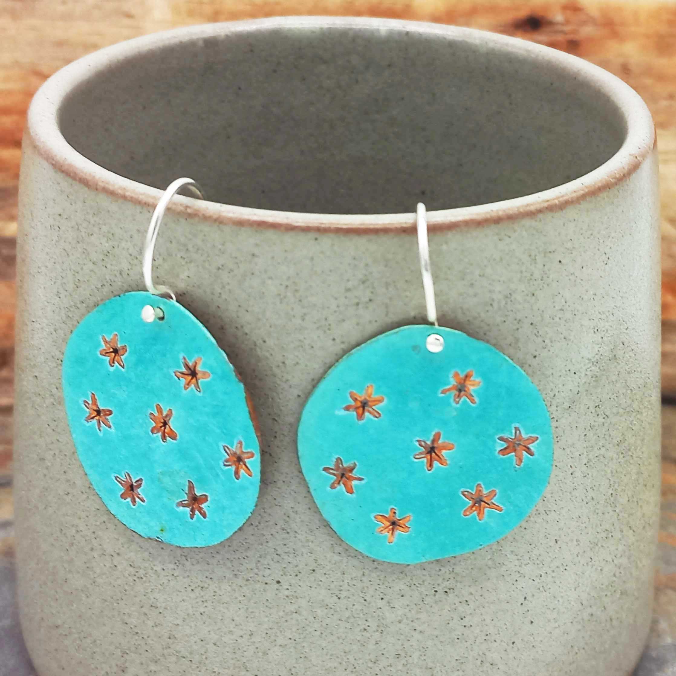 Patina copper blue star earrings