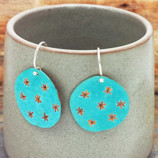 Patina copper blue star earrings