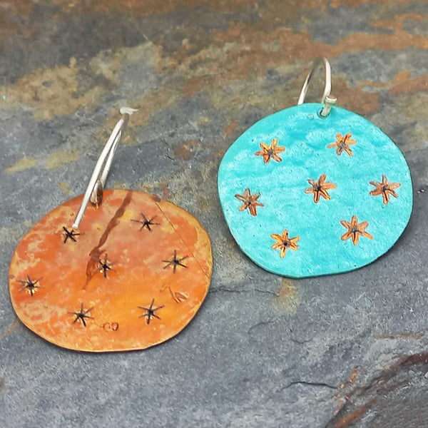 Copper patina silver star earrings